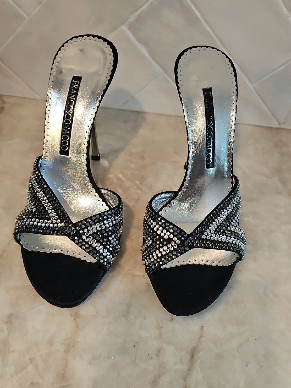 Francesco Sacco Black Crystal Heels- Made in ITALY